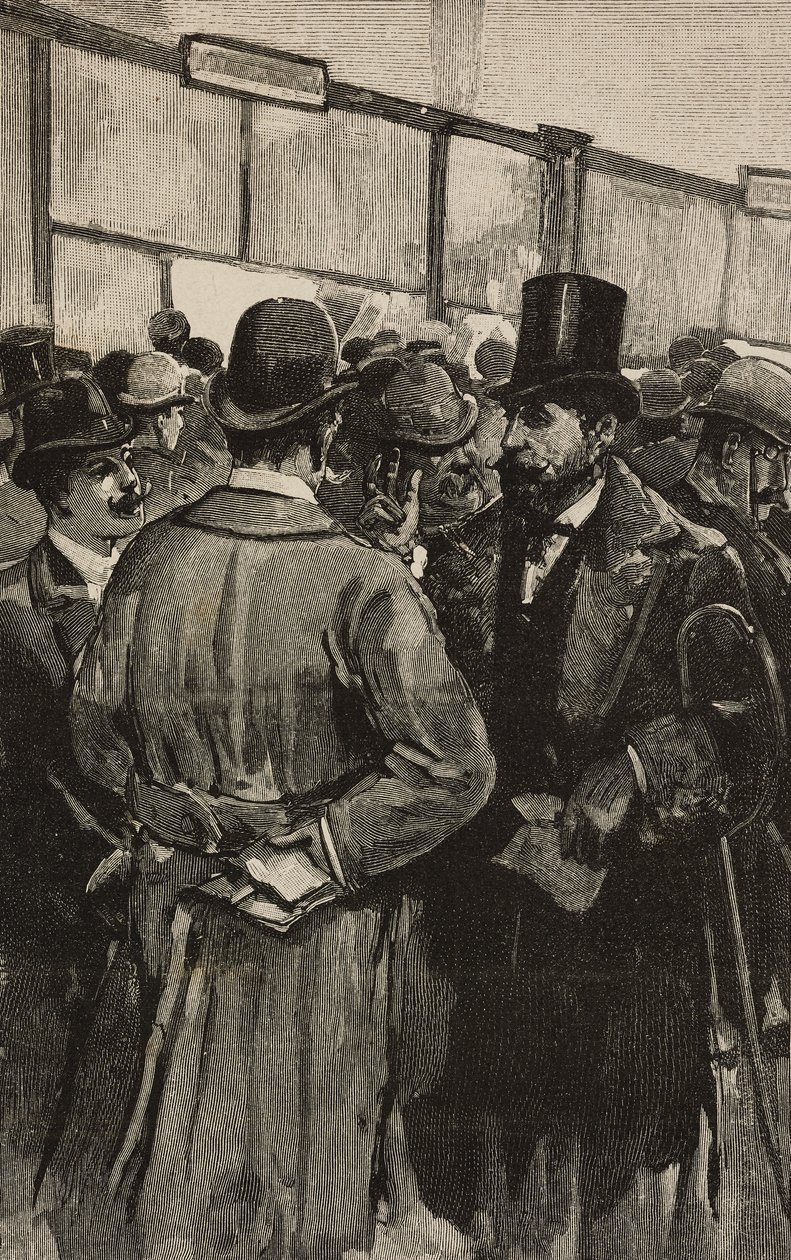 Banktellere under Roman Bank (Banca Romana)-skandalen, Roma, Italia, gravering etter tegning av Dante Paolocci, fra L'Illustrazione Italiana, år XX, nr. 5, 29. januar av Dante Paolocci