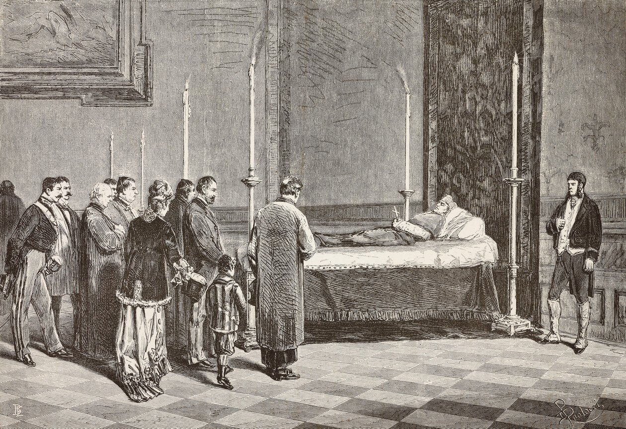 Kardinal Giacomo Antonellis kropp liggende i tilstand i et av rommene i Vatikanet, gravert fra en tegning av Dante Paolocci fra L'Illustrazione Italiana, nr. 57, 26. november av Dante Paolocci