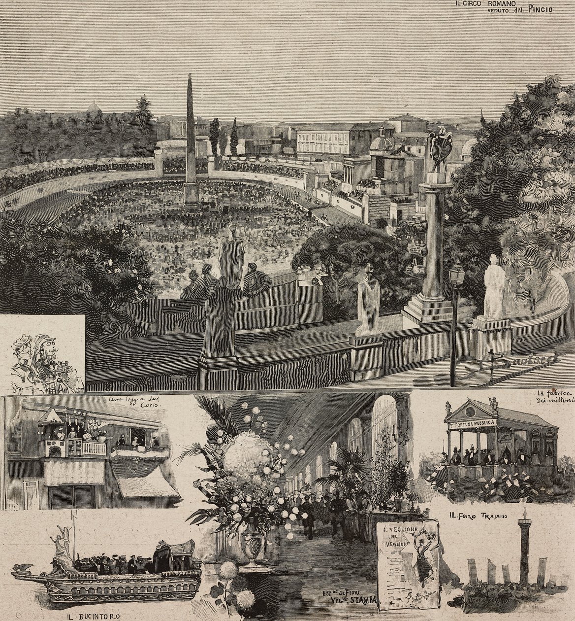 Karnevalsfestival på Piazza del Popolo sett fra Pincio-bakken, Roma, Italia, gravering etter tegning av Dante Paolocci, fra L'Illustrazione Italiana, år XX, nr. 8, 19. februar av Dante Paolocci