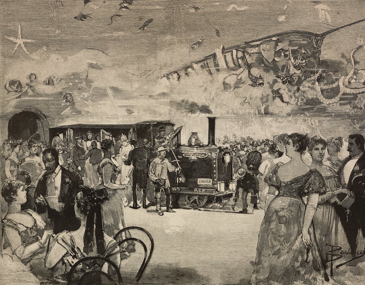 Karnevalsfest på International Artistic Club (Circolo Artistico) i Roma, Italia, gravering etter tegning av Dante Paolocci, fra L'Illustrazione Italiana, år XX, nr. 9, 26. februar av Dante Paolocci