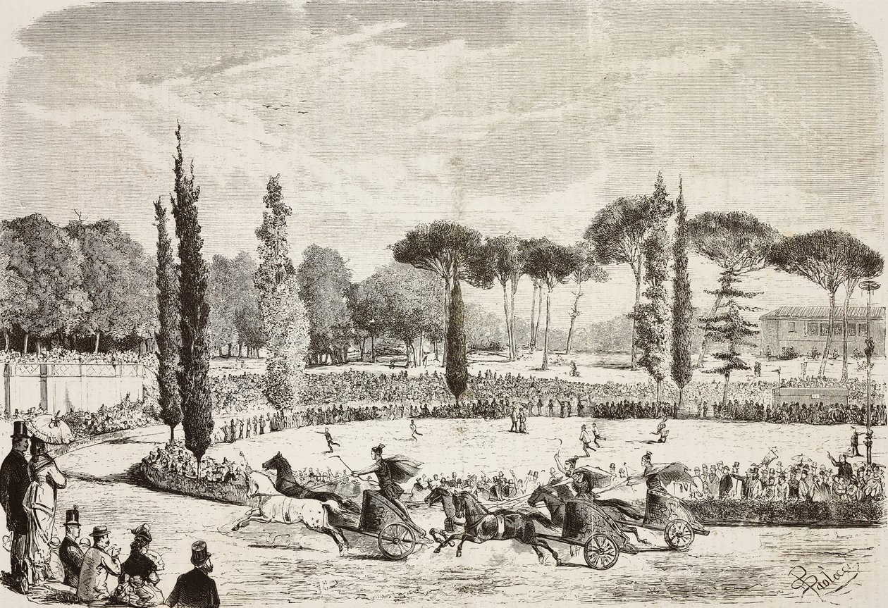 Vognløp i Villa Borghese, Roma, Italia, gravering fra tegning av Dante Paolocci fra L'Illustrazione Italiana, nr. 39, 23. juli av Dante Paolocci