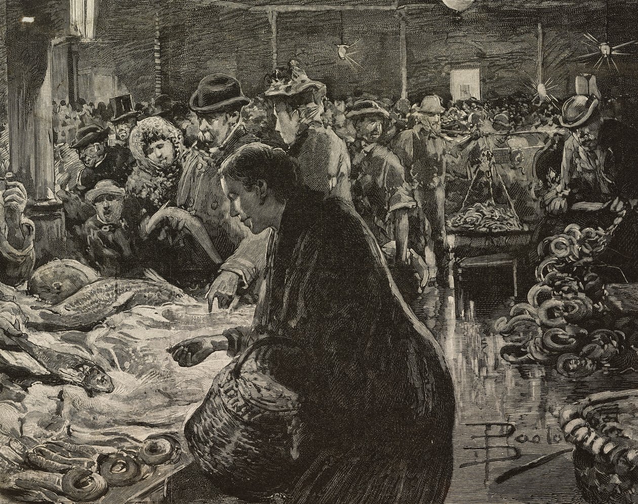 Julemarked i Roma, Italia, gravering etter tegning av Dante Paolocci, fra L'Illustrazione Italiana, år XX, nr. 53, 31. desember av Dante Paolocci