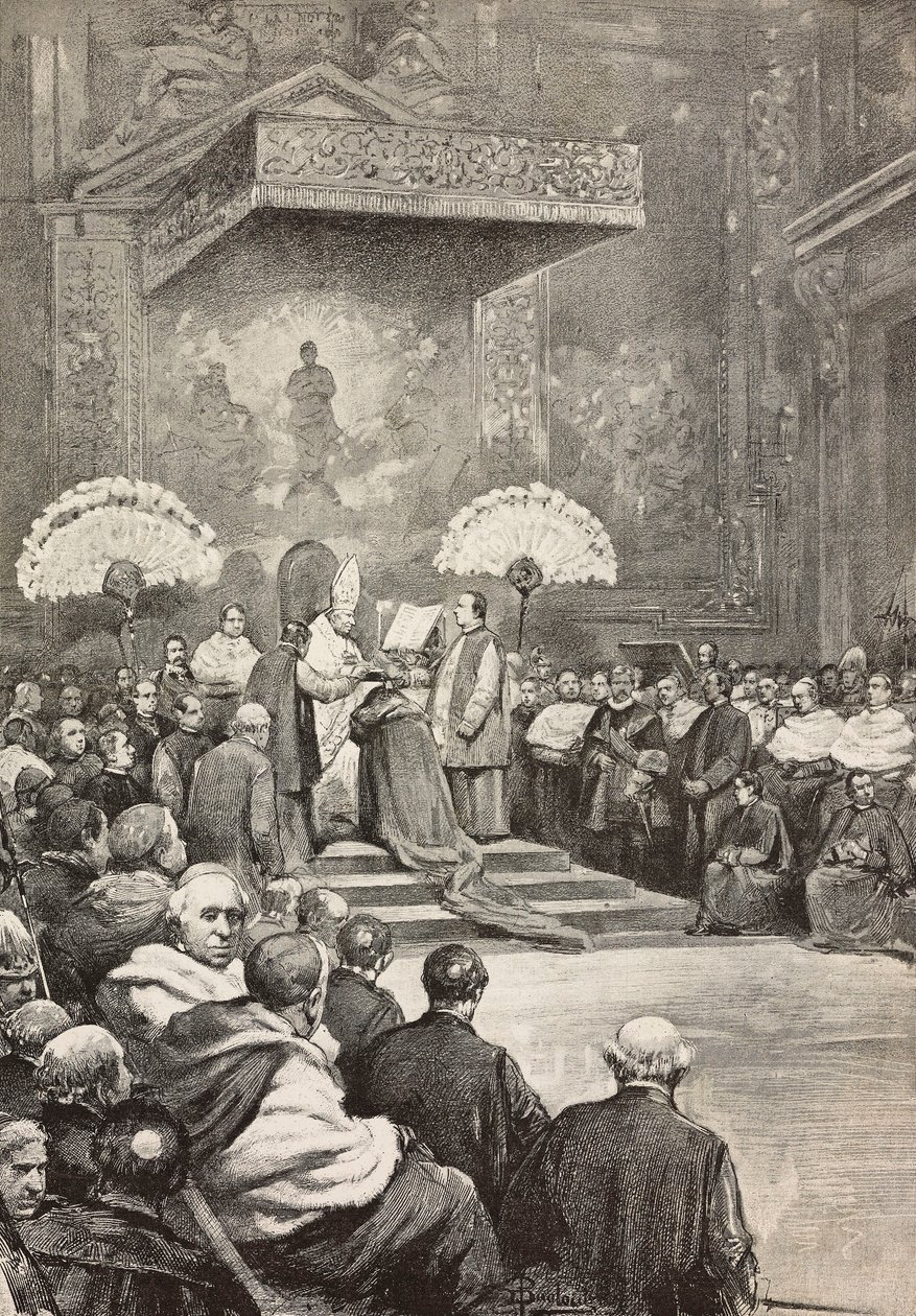 Konsistoriet 13. november, pave Leo XIII hvor han skapte nye kardinaler, Vatikanet, gravering fra tegning av Dante Paolocci, fra L'Illustrazione Italiana, nr. 48, 30. november av Dante Paolocci