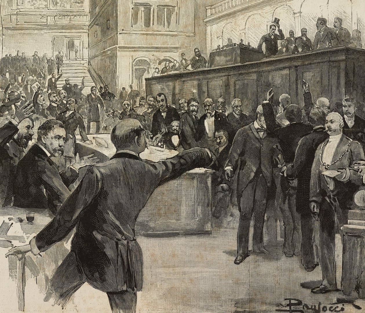 Kontrovers i Deputertkammeret etter å ha lest rapporten fra syvkomité (Comitato dei Sette) med ansvar for etterforskning av bankansvar, 23. november av Dante Paolocci