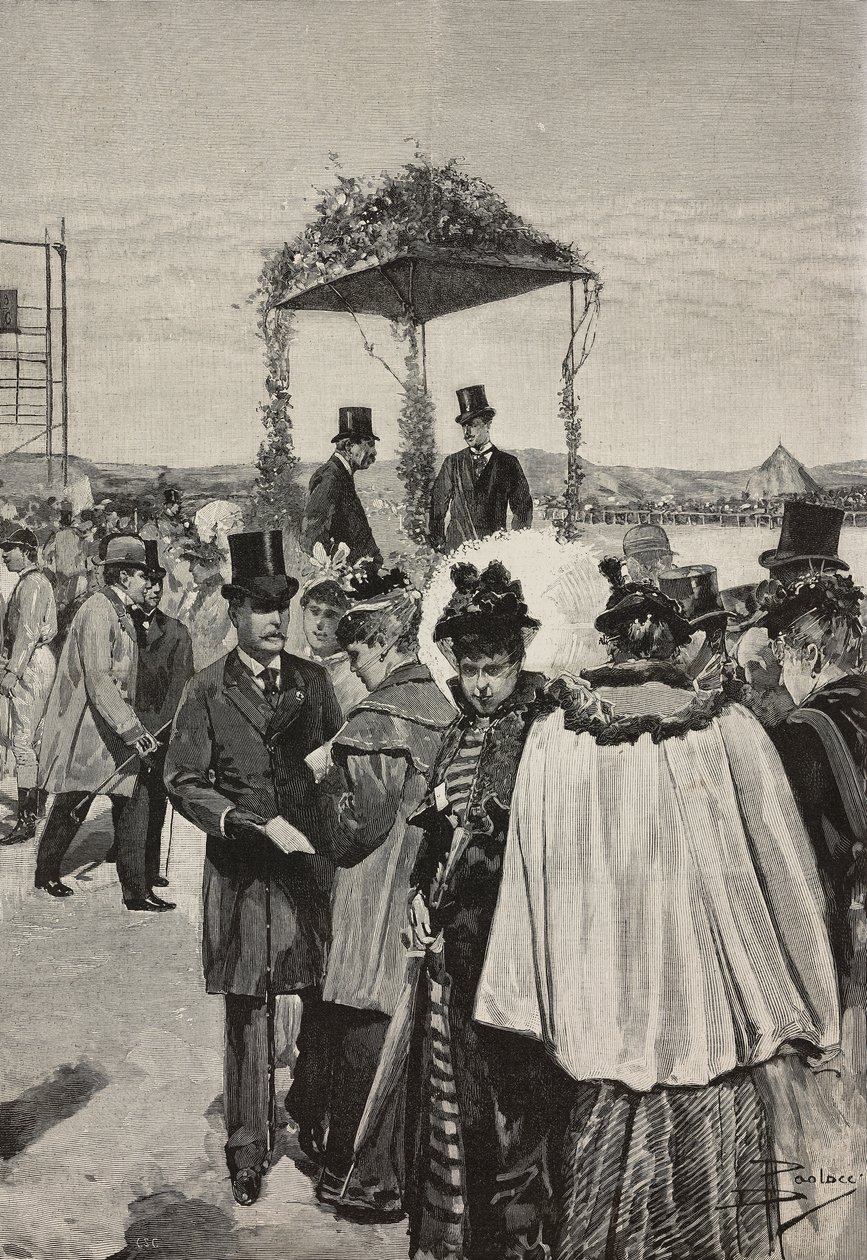 Greve av Torino Vittorio Emanuele av Savoy-Aosta ved Tor di Quinto-løpene, Roma, Italia, gravering etter tegning av Dante Paolocci, fra L'Illustrazione Italiana, år XX, nr. 13, 26. mars av Dante Paolocci