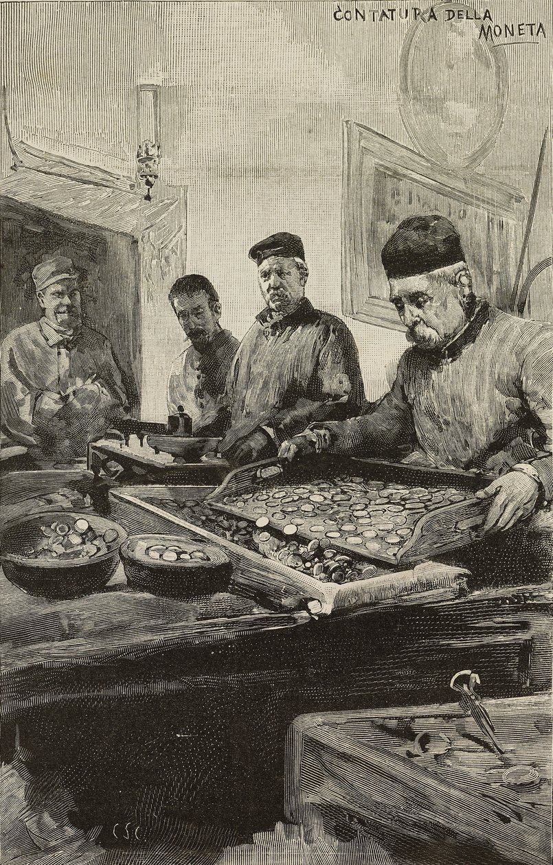 Telling av mynter i mynte i Roma, Italia, gravering etter tegning av Dante Paolocci, fra L'Illustrazione Italiana, år XX, nr. 51, 17. desember av Dante Paolocci