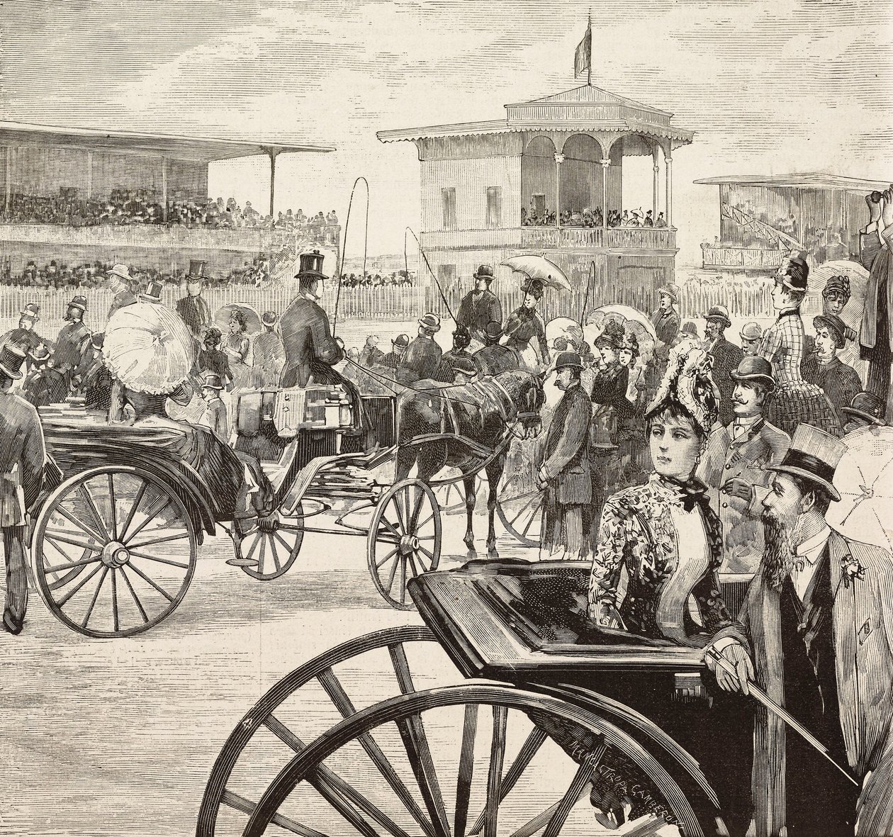 Elegante menn og kvinner deltar på et hesteveddeløp på veddeløpsbanen, Roma, Italia, gravering fra en tegning av Dante Paolocci, fra L'Illustrazione Italiana, år 12, nr. 18, 3. mai av Dante Paolocci