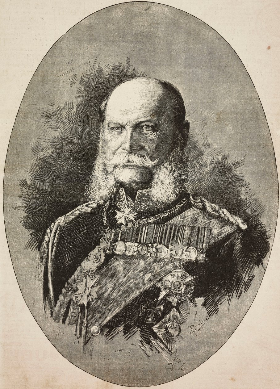 Keiser Vilhelm I av Tyskland (1797-1888) i 1887, gravering fra tegning av Dante Paolocci, fra L'Illustrazione Italiana, nr. 13, 27. mars av Dante Paolocci