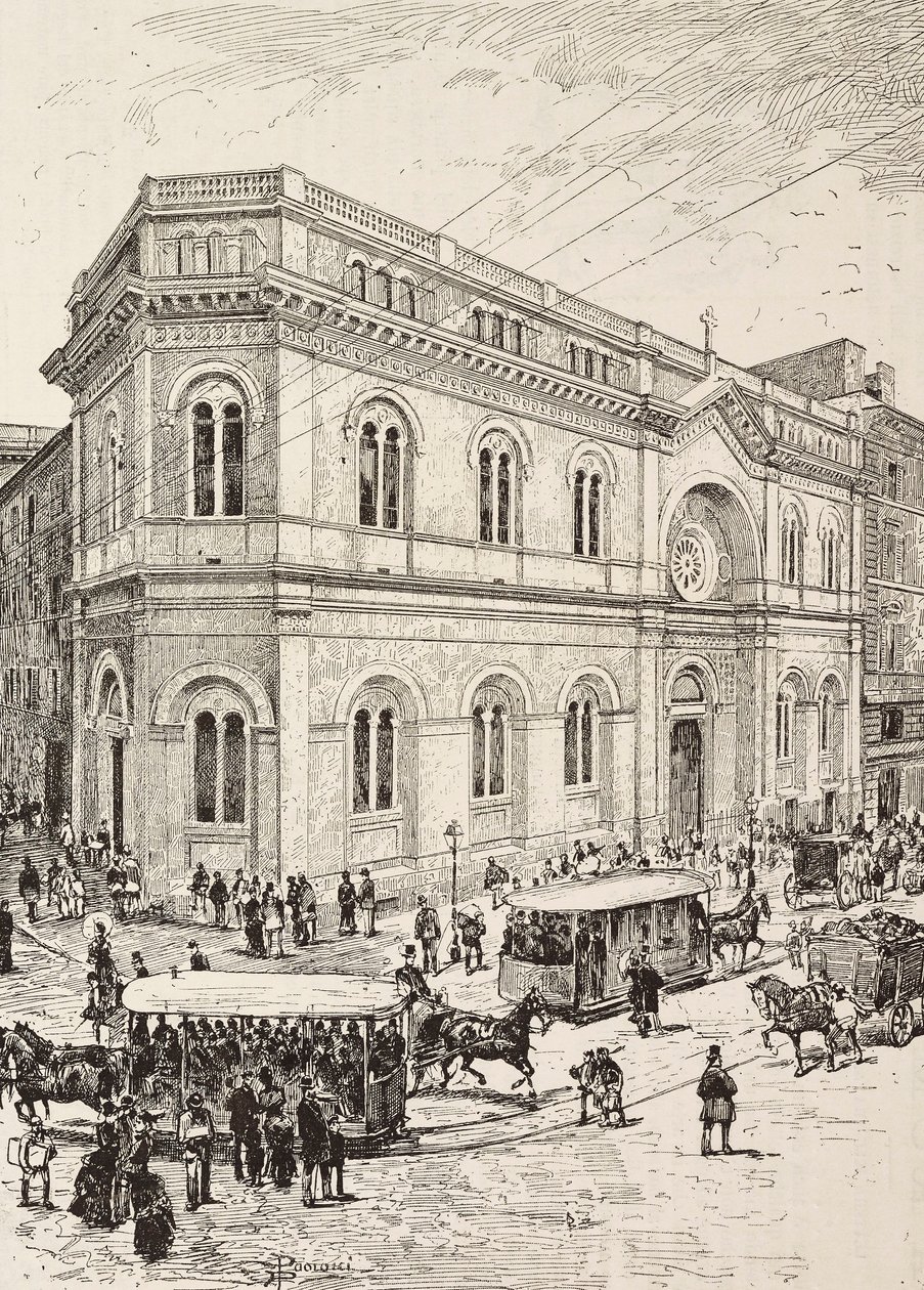 Evangelisk kirke på Via Nazionale, Roma, Italia, gravering fra tegning av Dante Paolocci, fra L'Illustrazione Italiana, nr. 15, 13. april av Dante Paolocci
