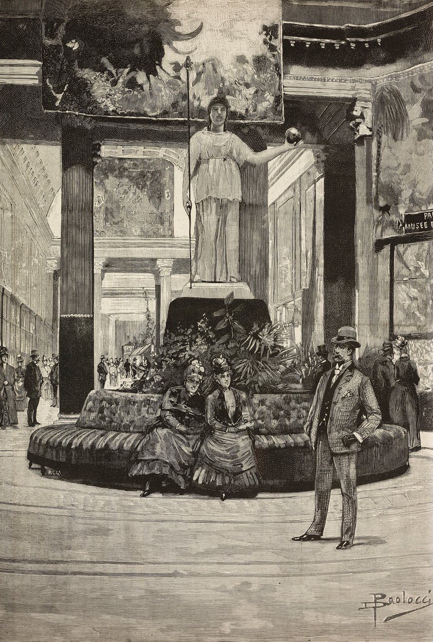 Utstilling av stoffer og blonder, Rotonda and Fabrics Gallery, Roma, Italia, gravering fra tegning av Dante Paolocci, fra L'Illustrazione Italiana, nr. 15, 10. april av Dante Paolocci
