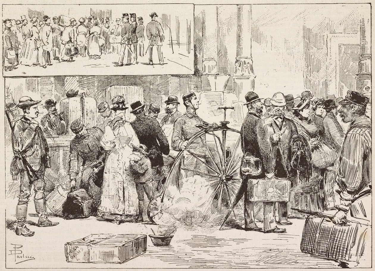 Desinfisering mot kolera på stasjonen, lærling på velocipede, Roma, Italia, gravering fra tegning av Dante Paolocci, fra L'Illustrazione Italiana, nr. 37, 14. september av Dante Paolocci