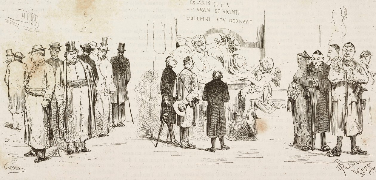 Tyske pilegrimer i Roma, gravering av Dante Paolocci og Canedi fra L'Illustrazione Italiana, nr. 37, 9. juli av Dante Paolocci