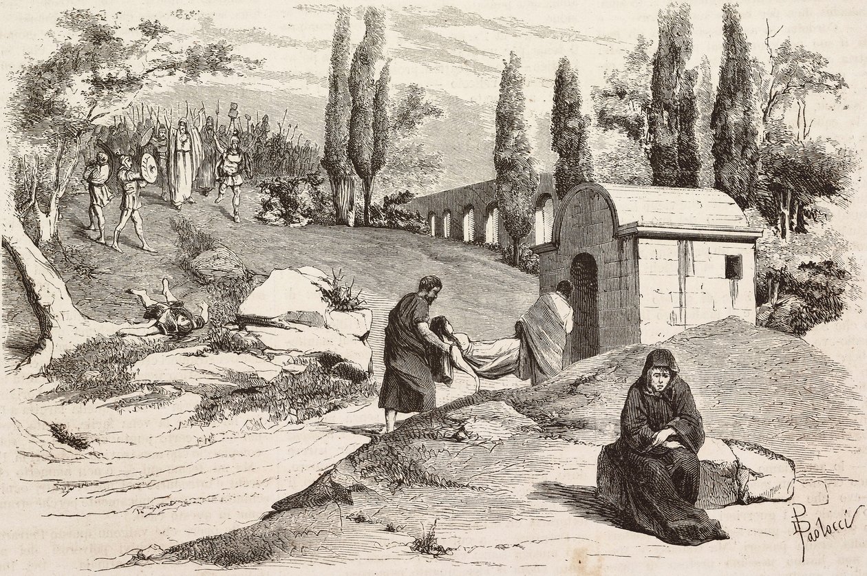 I den uhyggelige leiren, Rome Vaincue av Alexandre Parodi, akt V, gravering av Dante Paolocci fra skisser av Zandomenico fra L'Illustrazione Italiana, nr. 58, 3. desember av Dante Paolocci