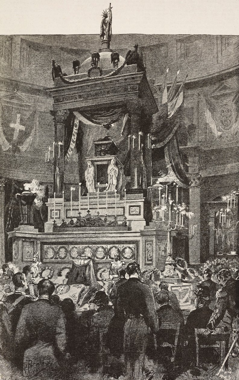 Italienske politikere og offiserer som deltar i begravelsesseremonien til Victor Emmanuel II (1820-1878), konge av Italia, Roma, Italia, gravering fra tegning av Dante Paolocci, fra L'Illustrazione Italiana, år 12, nr. 5, 1. februar av Dante Paolocci