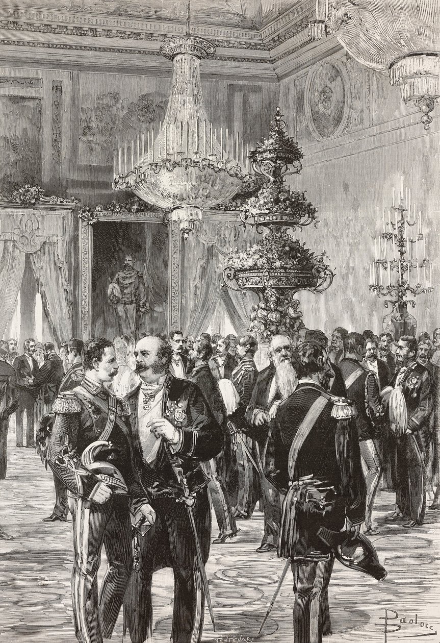 Italienske politikere og offiserer som feirer nyttårsaften på Quirinal Palace, Roma, Italia, gravering av Centenari fra tegning av Dante Paolocci, fra L'Illustrazione Italiana, år 12, nr. 2, 11. januar av Dante Paolocci