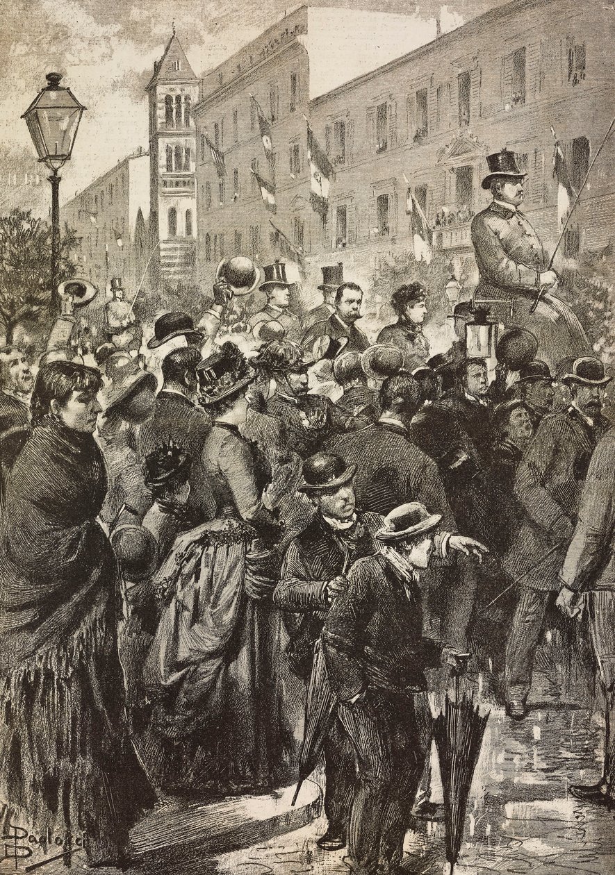 Kong Umberto I og dronning Margherita vender tilbake fra sitt besøk i Napoli rammet av kolera, Roma, Italia, gravering fra tegning av Dante Paolocci, fra L'Illustrazione Italiana, nr. 49, 7. desember av Dante Paolocci