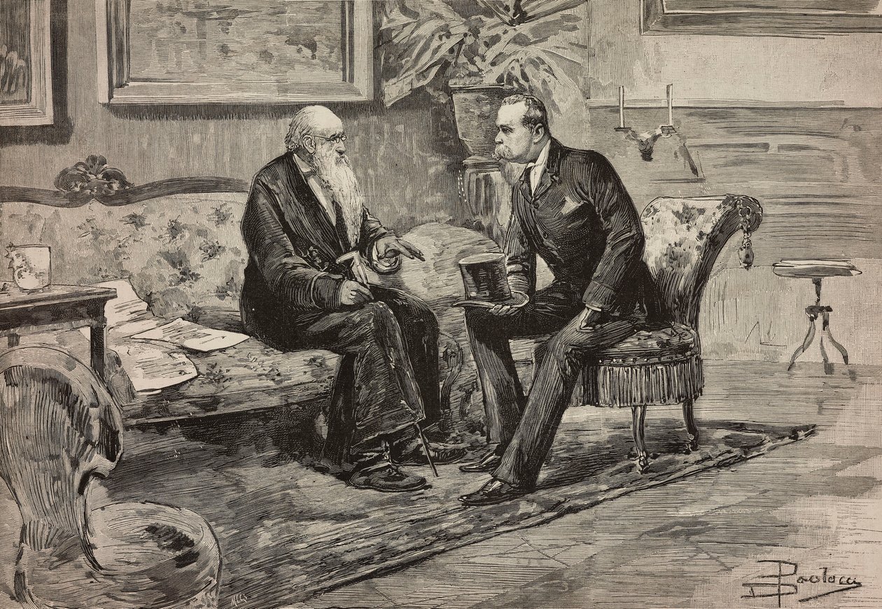 Kong Umberto I av Savoy (1844-1900) og president for råd Agostino de Pretis (1813-1887), gravering fra tegning av Dante Paolocci, fra L'Illustrazione Italiana nr. 29, 10. juli av Dante Paolocci
