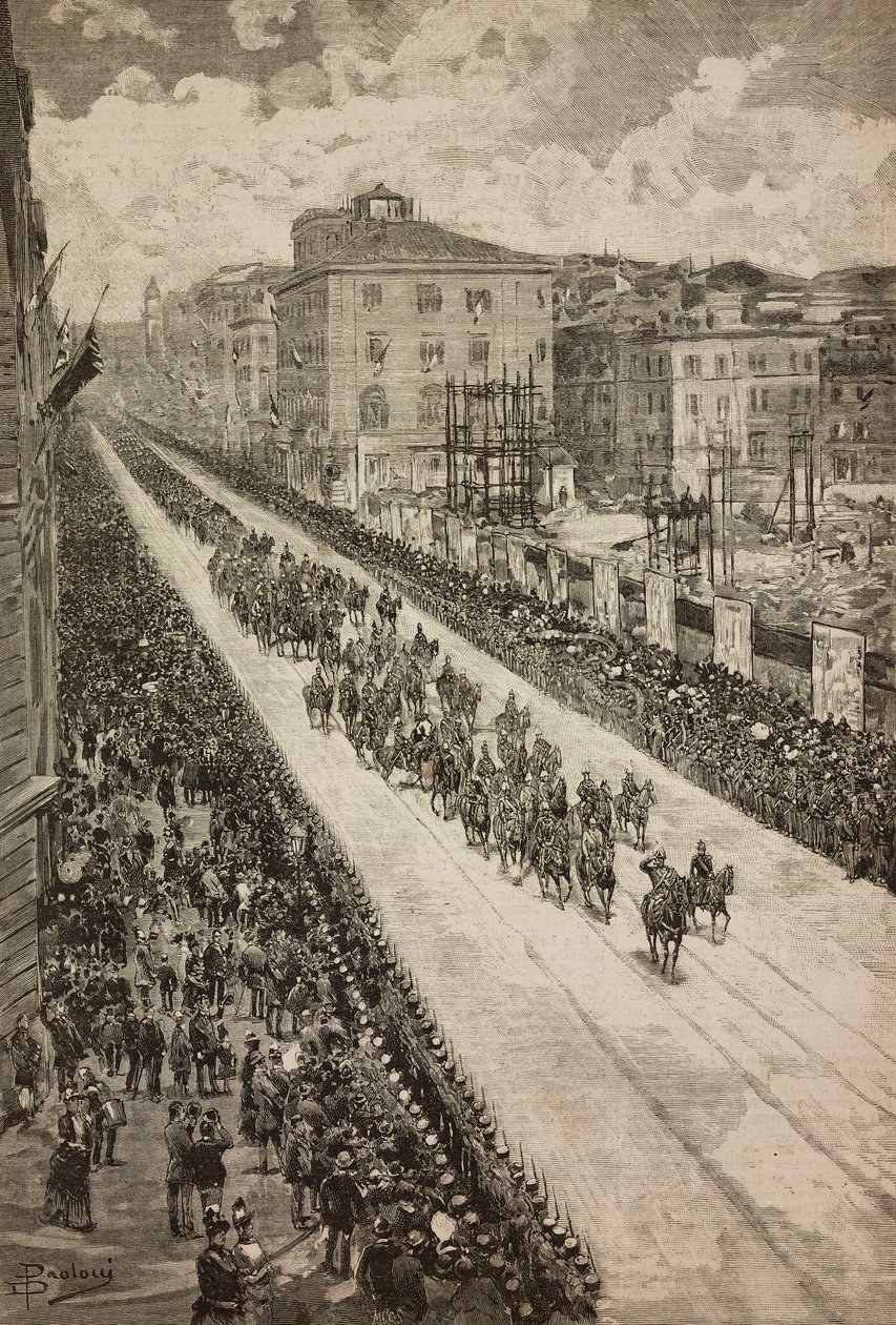 Kongen vender tilbake til Quirinal etter innvielsen av Dogali-monumentet, Roma, Italia, gravering fra tegning av Dante Paolocci, fra L'Illustrazione Italiana nr. 24, 12. juni av Dante Paolocci