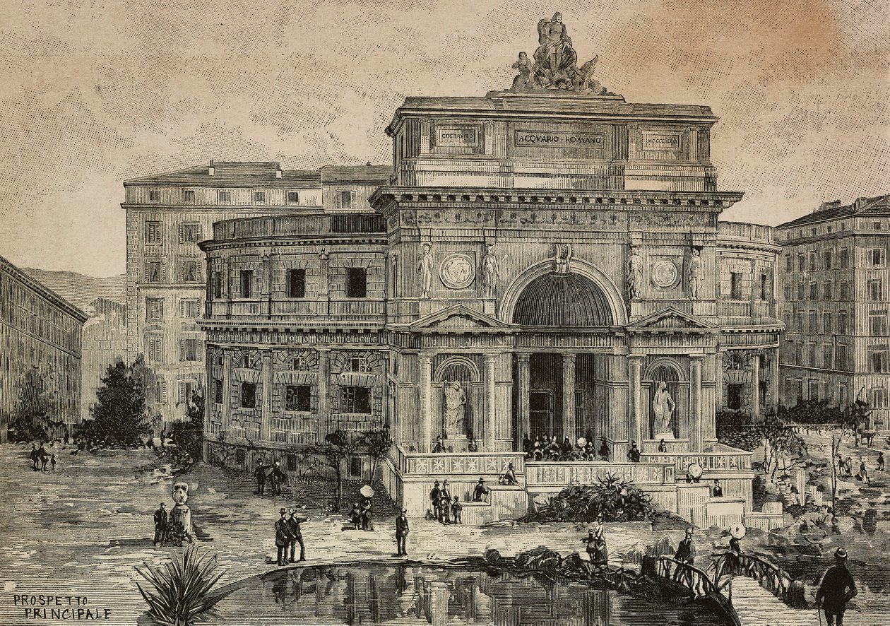 Stort akvarium på Piazza Manfredo Fanti åpnet 29. januar, Roma, Italia, gravering av G Gamberoni fra tegning av Dante Paolocci, fra L'Illustrazione Italiana, nr. 23, 5. juni av Dante Paolocci
