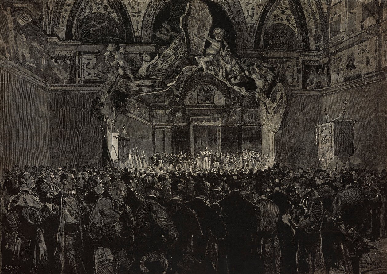 Leo XIII tar imot franske pilegrimer i Ducal Hall, Papal Jubilee, Vatikanet, gravering fra tegning av Dante Paolocci, fra L'Illustrazione Italiana No 46, 30. oktober av Dante Paolocci