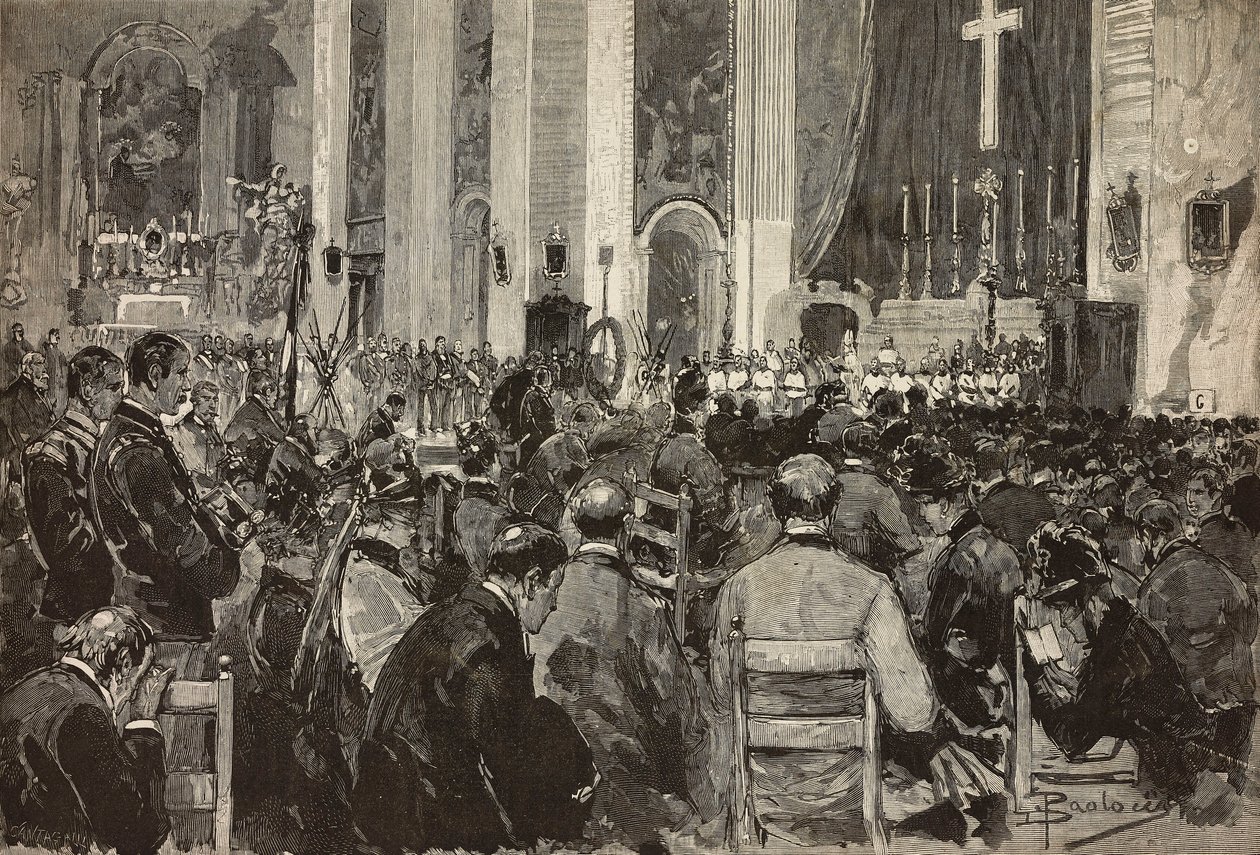 Obsequies for døde i Dogali i kirken Sant Andrea della Valle, Roma, gravering fra tegning av Dante Paolocci, fra L'Illustrazione Italiana, nr. 11, 13. mars av Dante Paolocci