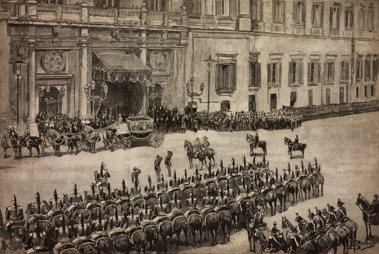 Åpning av parlamentet, ankomst av kong Umberto I til Montecitorio, Roma, Italia, gravering fra tegning av Dante Paolocci, L'Illustrazione Italiana nr. 51, 4. desember av Dante Paolocci