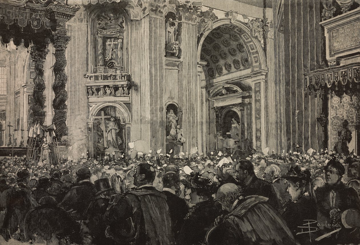 Pavelig velsignelse i anledning av Leo XIIIs episkopale jubileum, Peterskirken, Vatikanet, gravering etter tegning av Dante Paolocci, fra L'Illustrazione Italiana, år XX, nr. 10, 5. mars av Dante Paolocci