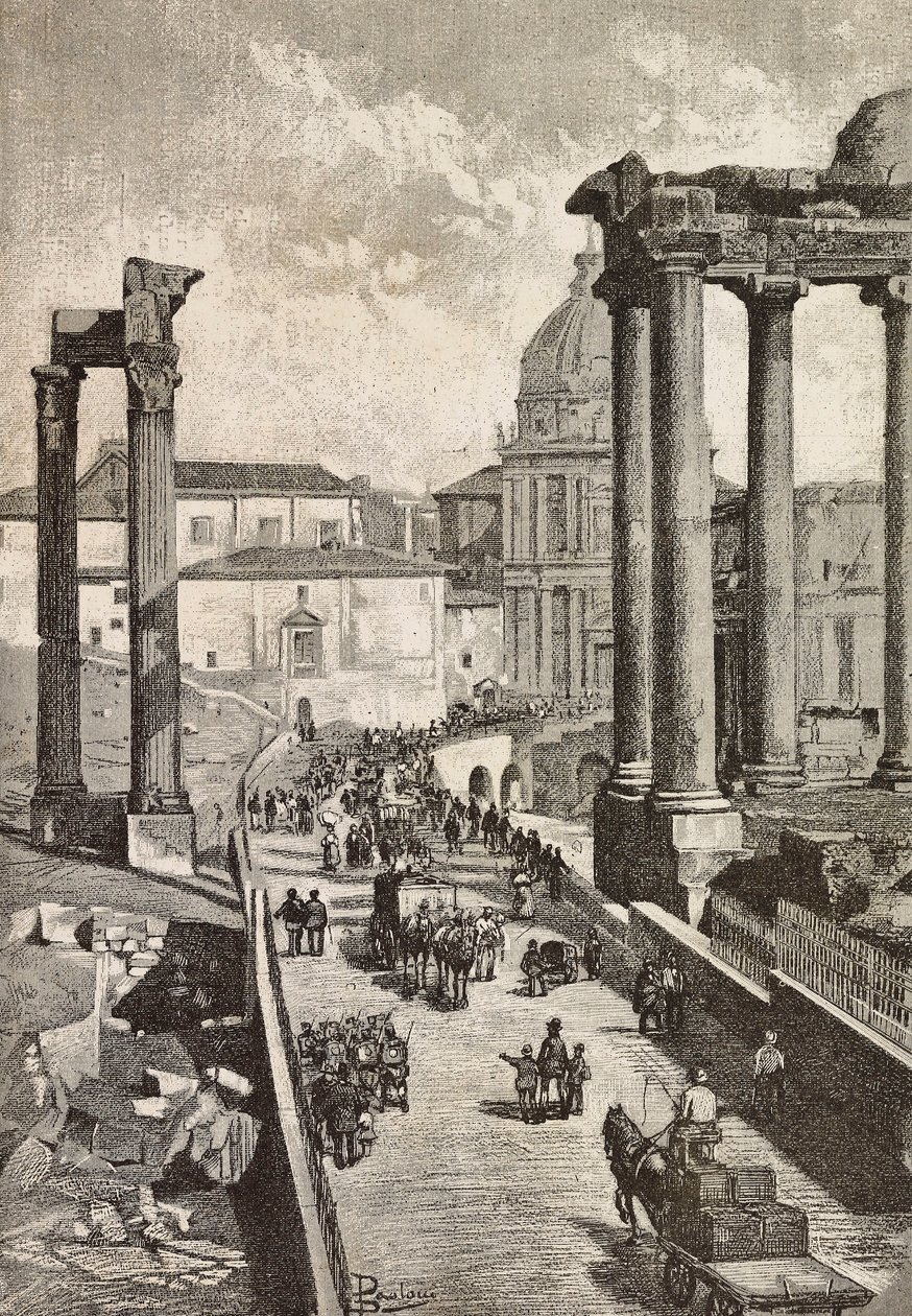 Passasje gjennom Forum, Roma, Italia, gravering fra tegning av Dante Paolocci, fra L'Illustrazione Italiana, nr. 49, 7. desember av Dante Paolocci