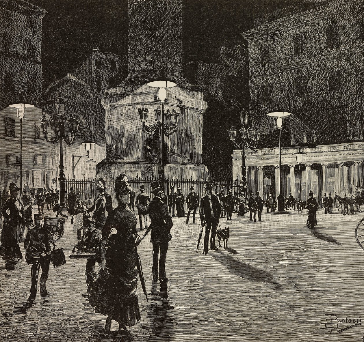 Piazza Colonna opplyst med elektrisk lys, Roma, Italia, tegning av Dante Paolocci, gravering fra L'Illustrazione Italiana, nr. 50, 5. desember av Dante Paolocci