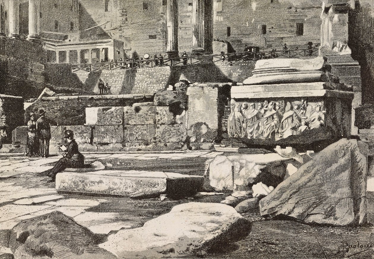 Plattformer i Forum Romanum, Roma, Italia, gravering fra tegning av Dante Paolocci, fra L'Illustrazione Italiana, nr. 49, 7. desember av Dante Paolocci