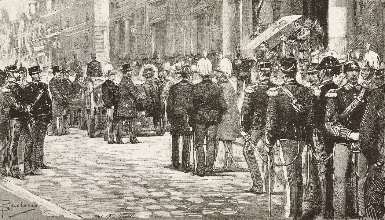 Politikere og offiserer som deltar i begravelsesprosesjonen til Luigi Mezzacapo (1814-1885), italiensk politiker og offiser, Roma, Italia, gravering fra tegning av Dante Paolocci, fra L'Illustrazione Italiana, år 12, nr. 7, 15. februar av Dante Paolocci