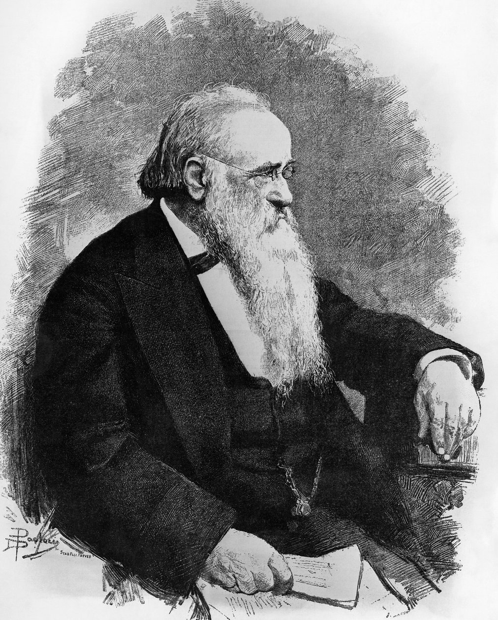 Portrett av Agostino Depretis (1813-1887), italiensk statsmann, tegning av Dante Paolocci (1856-1926), gravering fra L