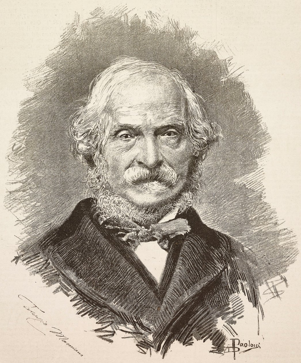 Portrett av Terenzio Mamiani (1799-1885), italiensk politiker og forfatter, gravering fra en tegning av Dante Paolocci og et fotografi av Della Valle, fra L'Illustrazione Italiana, år 12, nr. 22, 31. mai av Dante Paolocci