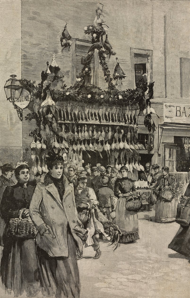 Fjærkrebutikk i Roma til jul, Italia, gravering etter tegning av Dante Paolocci, fra L'Illustrazione Italiana, år XX, nr. 53, 31. desember av Dante Paolocci