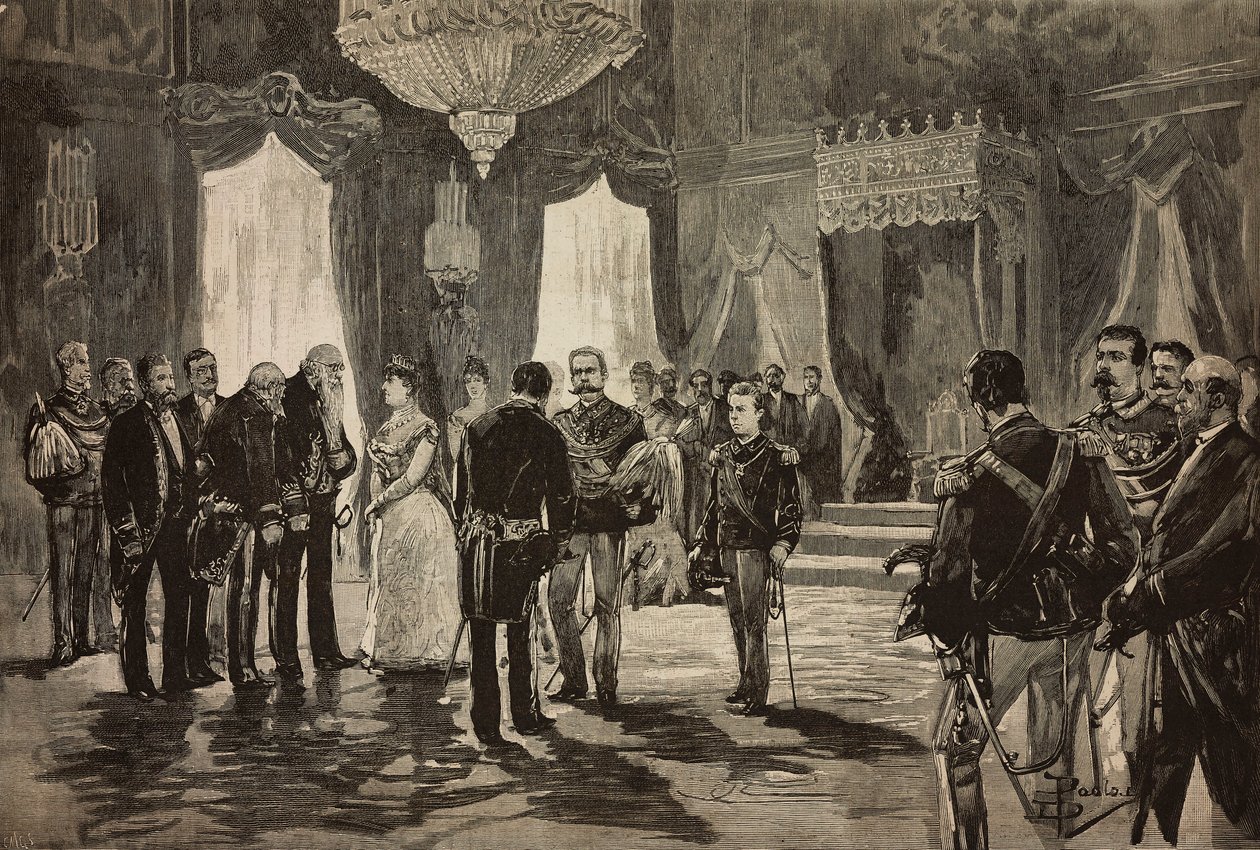 Prins av Napoli, Alfonso Maria Giuseppe Alberto av Bourbon-Two Sicilies i underløytnantuniform, ved nyttårsmottakelsen i Quirinal, Italia, gravering fra tegning av Dante Paolocci, fra L'Illustrazione Italiana, nr. 3, 16. januar av Dante Paolocci