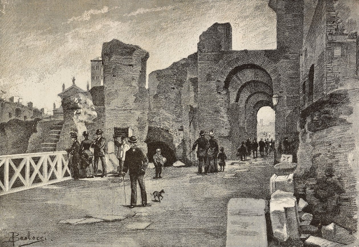 Offentlig gangvei (Summa Nova Via) i Palazzo dei Cesari, Roma, Italia, gravering fra tegning av Dante Paolocci, fra L'Illustrazione Italiana, nr. 49, 7. desember av Dante Paolocci