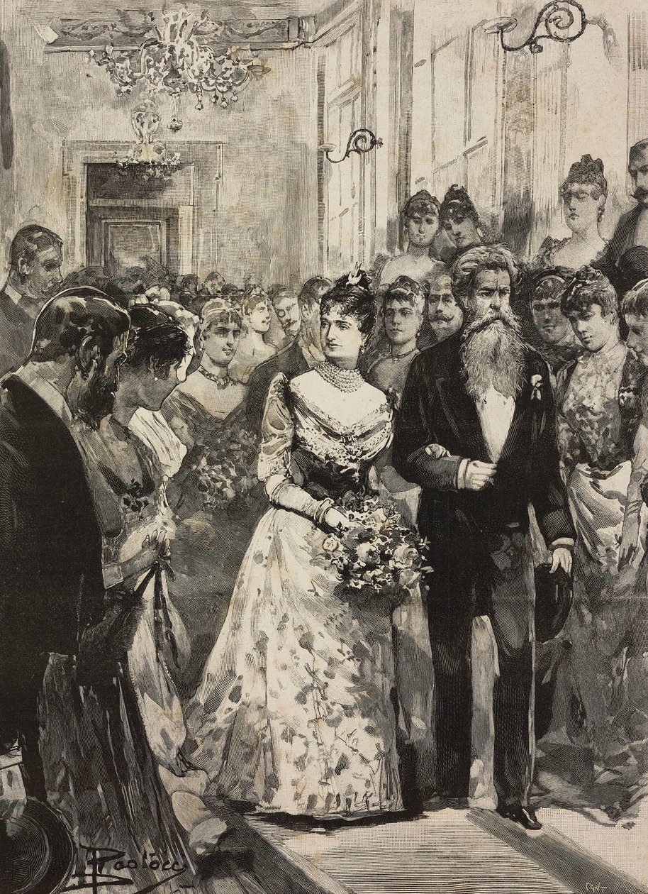 Dronning Margherita av Savoy på festen til Artistic Club (Circolo Artistico) i Roma, akkompagnert av billedhugger Giulio Monteverde, Italia, gravering etter tegning av Dante Paolocci, fra L'illustrazione Italiana, år XX, nr. 3, 15. januar av Dante Paolocci