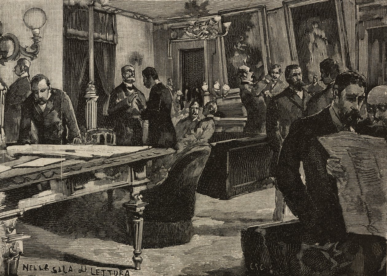 Lesesal ved Palazzo Montecitorio, Roma, Italia, gravering etter tegning av Dante Paolocci, fra L'Illustrazione Italiana, år XX, nr. 7, 12. februar av Dante Paolocci