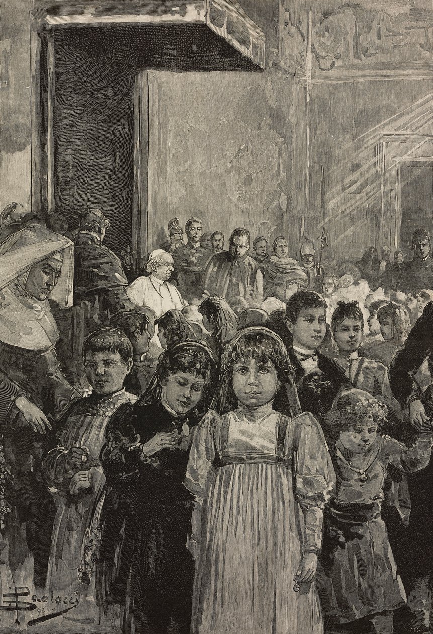 Mottak av barn ved jubileumsfeiringer av pave Leo XIII, Vatikanet, gravering etter tegning av Dante Paolocci, fra L'Illustrazione Italiana, år XX, nr. 4, 22. januar av Dante Paolocci