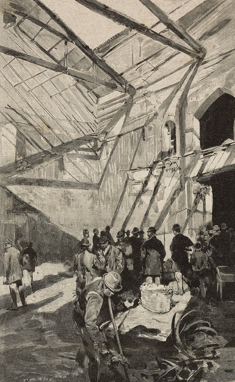 Rester av israelsk teater etter brann i 1893, Roma, Italia, gravering etter tegning av Dante Paolocci, fra L'Illustrazione Italiana, år XX, nr. 7, 12. februar av Dante Paolocci