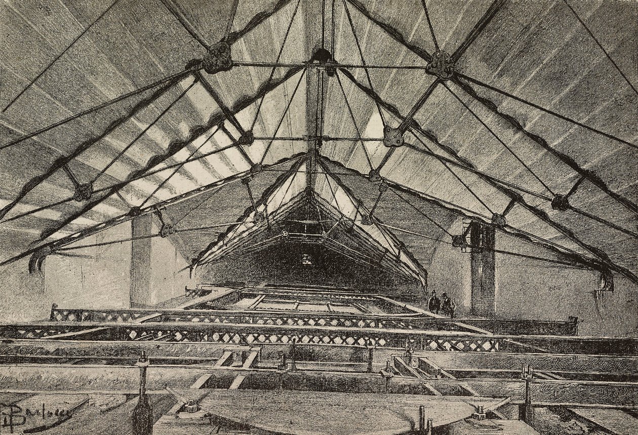 Taket og metallstolpen som støtter taket, ny arm til Archbasilica of St John Lateran, Roma, Italia, tegning av Dante Paolocci, gravering fra L'Illustrazione Italiana, nr. 29, 11. juli av Dante Paolocci