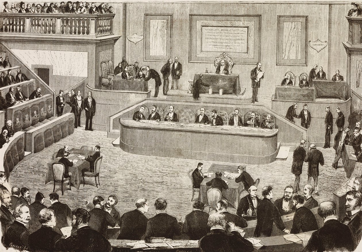 Sesjon 26. juli i det italienske senatet, Roma, Italia, gravering fra en tegning av Dante Paolocci, L'Illustrazione Italiana, nr. 42, 13. august av Dante Paolocci