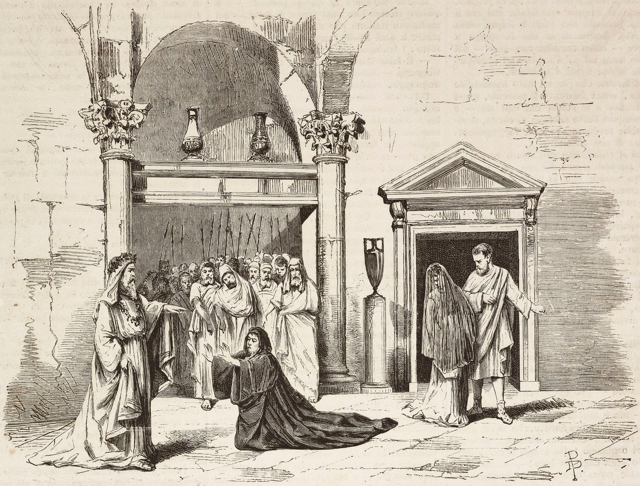 Høyestepavens kabinett i palasset, Postumia tigger Fabio Massimo, Rome Vaincue av Alexandre Parodi, akt V, gravering av Dante Paolocci fra skisser av Zandomenico fra L'Illustrazione Italiana, nr. 58, 3. desember av Dante Paolocci