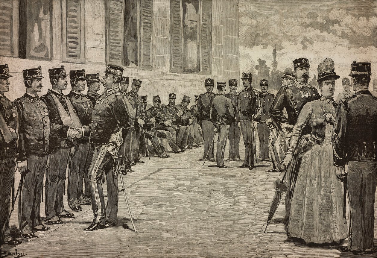 Overlevende fra Dogali, Eritrean War, mottatt av suverene i hagen til Quirinal, Roma, Italia, av Dante Paolocci, L'Illustrazione Italiana nr. 25 og 26, 19. juni av Dante Paolocci