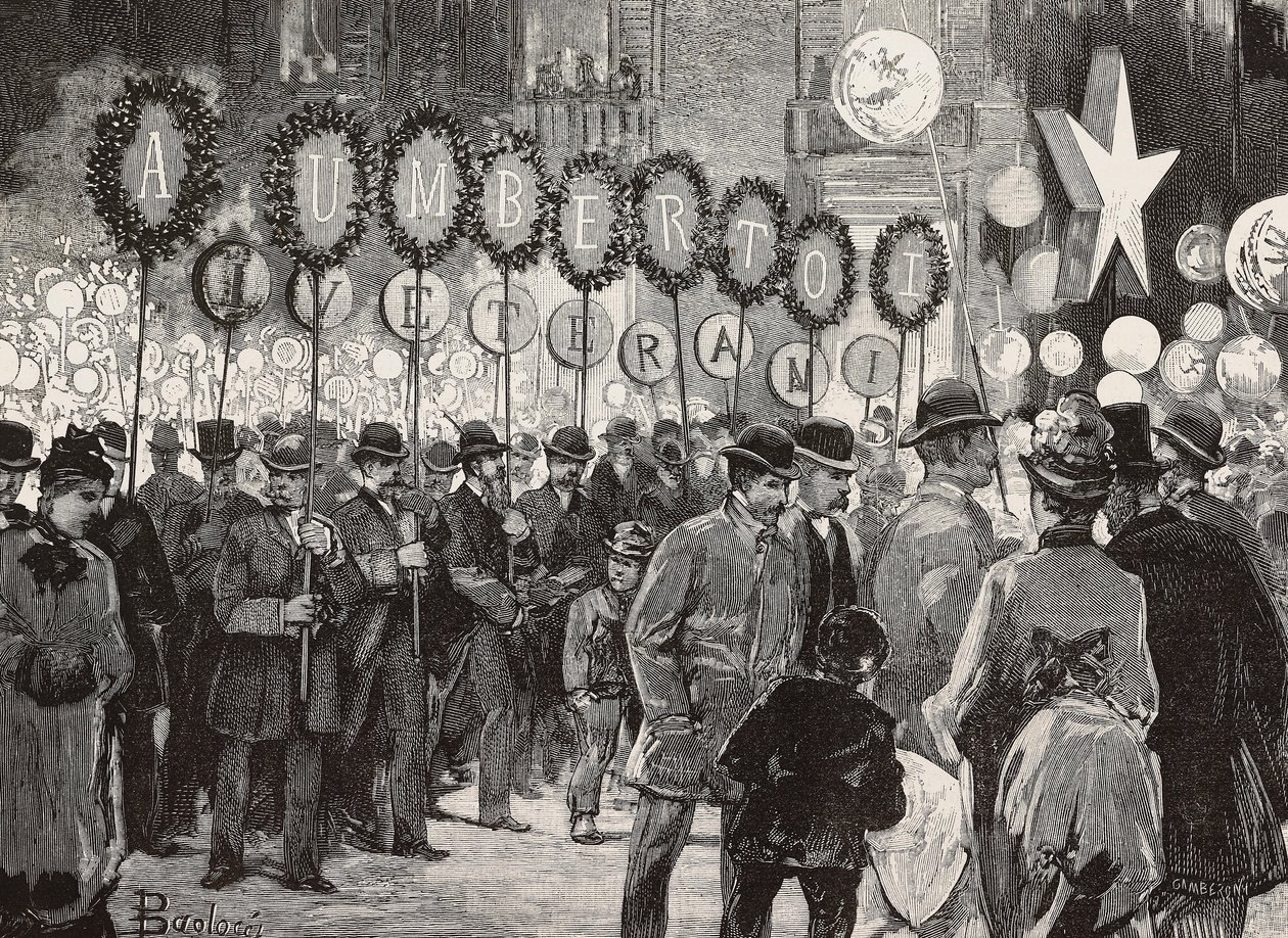 Fakkellykt til ære for kong Umberto I kvelden 1. desember, Roma, Italia, gravering fra tegning av Dante Paolocci, fra L'Illustrazione Italiana, nr. 50, 14. desember av Dante Paolocci