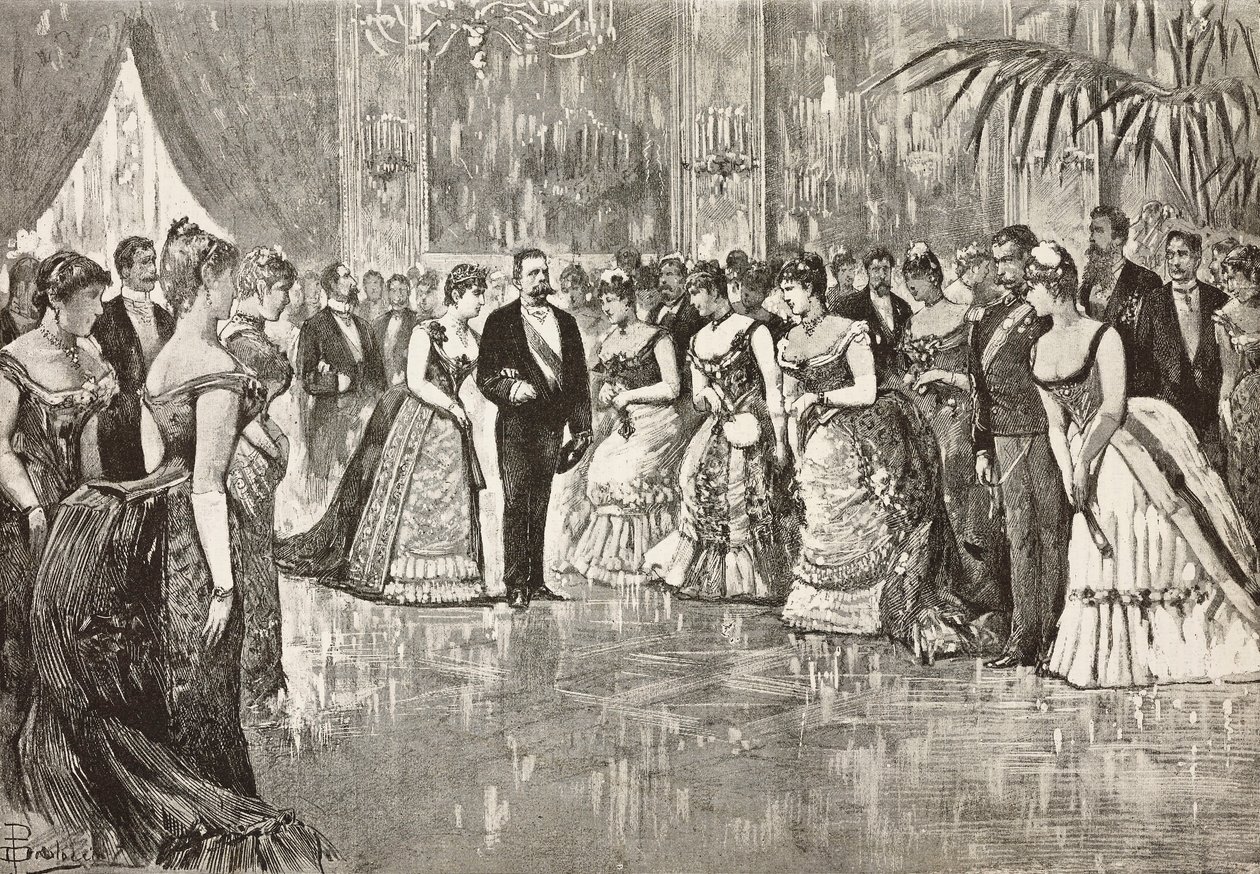 Umberto I (1844-1900), konge av Italia, og hans kone Margherita av Savoy (1851-1926) på ball i Quirinal Palace, Roma, Italia, gravering fra tegning av Dante Paolocci, fra L'Illustrazione Italiana, år 12, nr. 9, 1. mars av Dante Paolocci
