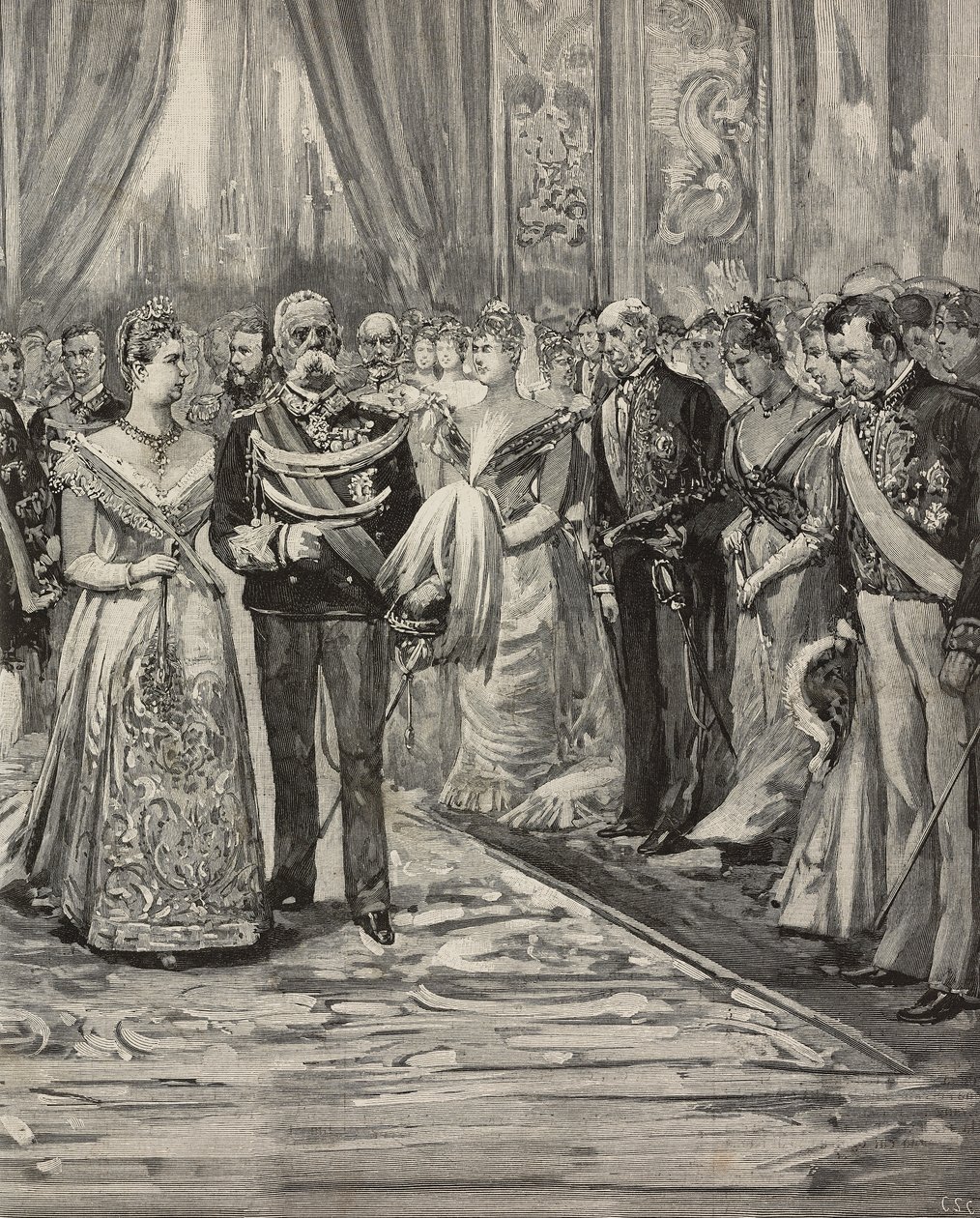 Umberto I og Margherita av Savoy på konsert i anledning sølvbryllupet deres, Palazzo del Quirinale, Roma, Italia, gravering etter tegning av Dante Paolocci, fra L'Illustrazione Italiana, år XX, nr. 18, 30. april av Dante Paolocci