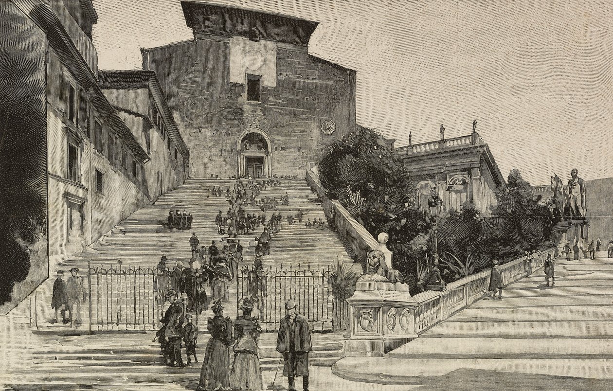 Utsikt over basilikaen Santa Maria i Aracoeli, Roma, Italia, gravering etter tegning av Dante Paolocci, fra L'Illustrazione Italiana, år XX, nr. 53, 31. desember av Dante Paolocci