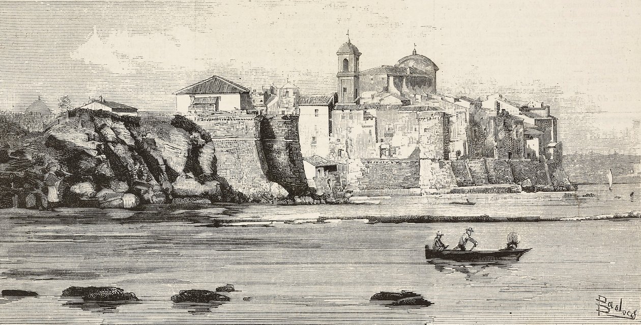Utsikt over Neptun, Italia, gravering fra tegning av Dante Paolocci, fra L'Illustrazione Italiana, nr. 12, 23. mars av Dante Paolocci