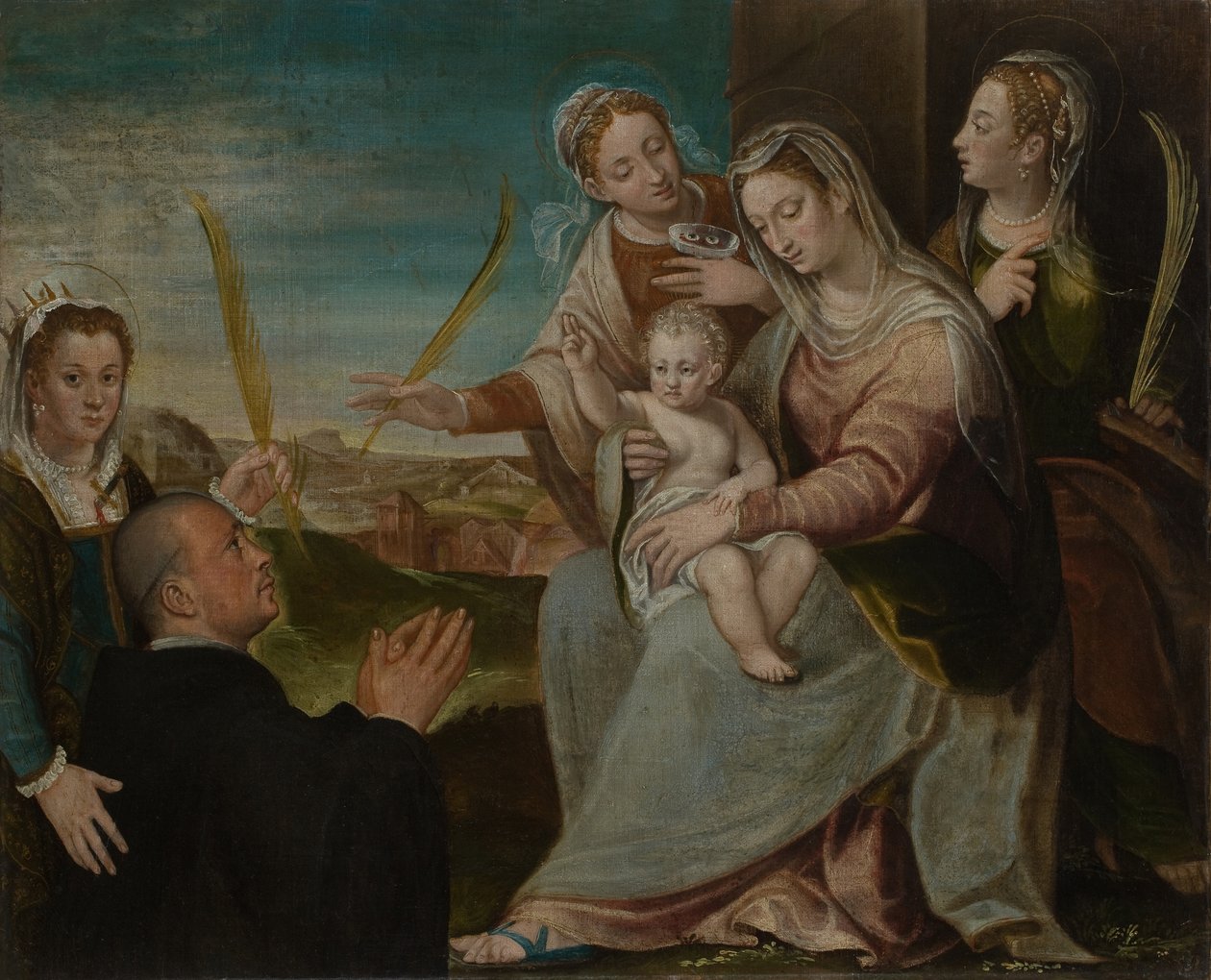 Jomfru og barn med Sants Catherine, Lucy, Justina av Padua og en benediktinermunk av Dario Varotari the Elder